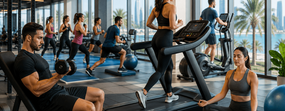 Modern indoor fitness center in Qatar with people exercising on gym equipment and participating in group workouts during summer.