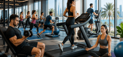 Modern indoor fitness center in Qatar with people exercising on gym equipment and participating in group workouts during summer.
