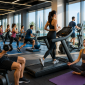 Modern indoor fitness center in Qatar with people exercising on gym equipment and participating in group workouts during summer.