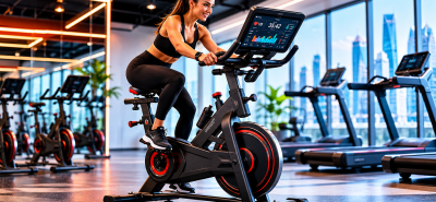 Modern commercial cardio exercise bike in a premium gym designed for comfortable and low-impact workouts