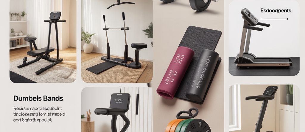 Choose the Right Gym Equipment in Qatar image showing home workout machines, dumbbells, and fitness tools arranged in a modern indoor gym setup.