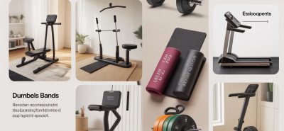 Choose the Right Gym Equipment in Qatar image showing home workout machines, dumbbells, and fitness tools arranged in a modern indoor gym setup.