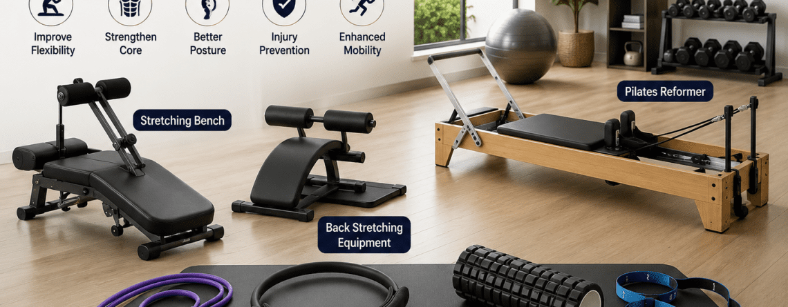 Best Core Stretching Equipment for Home Gyms featuring stretching benches, Pilates equipment, resistance bands, foam rollers, and mobility training tools in a modern home fitness space.