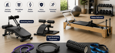 Best Core Stretching Equipment for Home Gyms featuring stretching benches, Pilates equipment, resistance bands, foam rollers, and mobility training tools in a modern home fitness space.