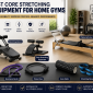 Best Core Stretching Equipment for Home Gyms featuring stretching benches, Pilates equipment, resistance bands, foam rollers, and mobility training tools in a modern home fitness space.