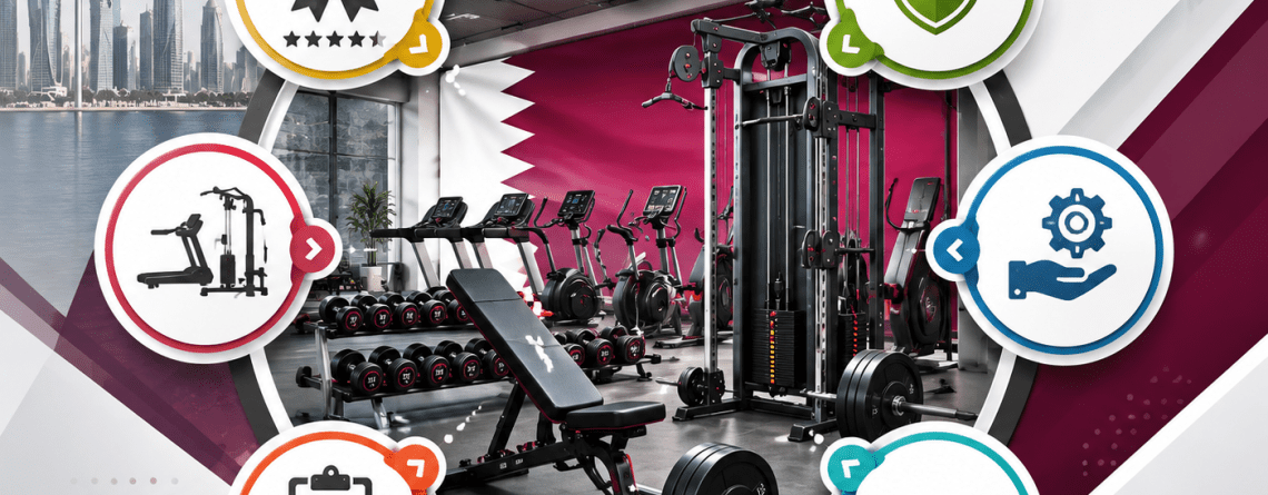 Premium gym equipment with quality, warranty, pricing, delivery, and support icons representing the key factors for choosing a reliable gym equipment supplier in Qatar.