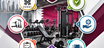 Premium gym equipment with quality, warranty, pricing, delivery, and support icons representing the key factors for choosing a reliable gym equipment supplier in Qatar.