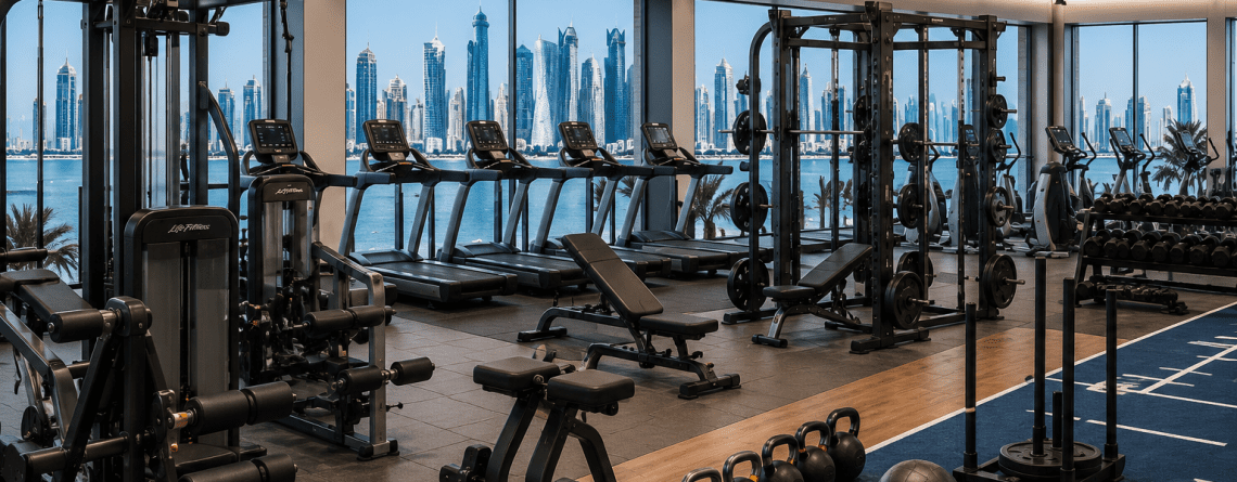 Modern commercial gym in Qatar featuring premium cardio machines, strength training equipment, free weights, and functional fitness zones with a panoramic Doha skyline view.