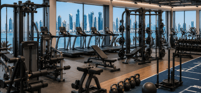 Modern commercial gym in Qatar featuring premium cardio machines, strength training equipment, free weights, and functional fitness zones with a panoramic Doha skyline view.
