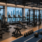 Modern commercial gym in Qatar featuring premium cardio machines, strength training equipment, free weights, and functional fitness zones with a panoramic Doha skyline view.