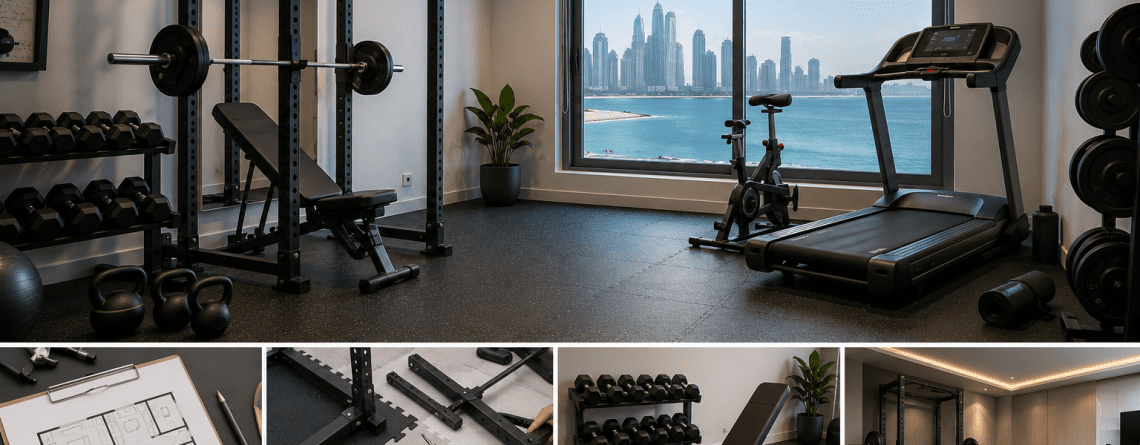 Modern home gym setup in Qatar featuring strength training and cardio equipment in a stylish indoor fitness space