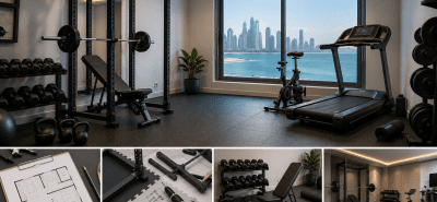 Modern home gym setup in Qatar featuring strength training and cardio equipment in a stylish indoor fitness space
