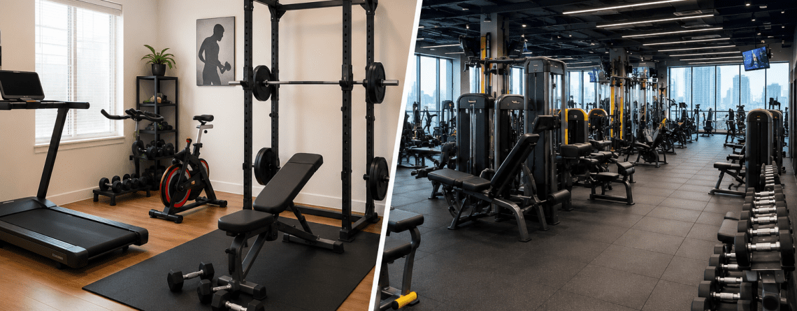 Modern commercial gym and home gym setup comparison showing professional fitness machines, strength training equipment, and workout spaces in Qatar.