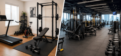 Modern commercial gym and home gym setup comparison showing professional fitness machines, strength training equipment, and workout spaces in Qatar.