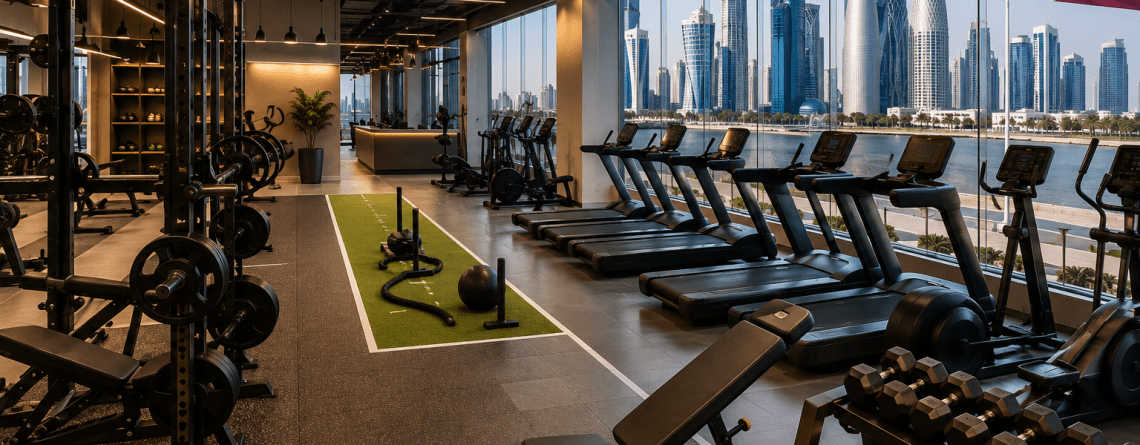 Modern commercial gym in Qatar featuring cardio machines, free weights, strength equipment, and panoramic views of Doha's skyline through large glass windows