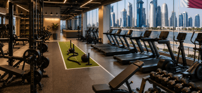 Modern commercial gym in Qatar featuring cardio machines, free weights, strength equipment, and panoramic views of Doha's skyline through large glass windows