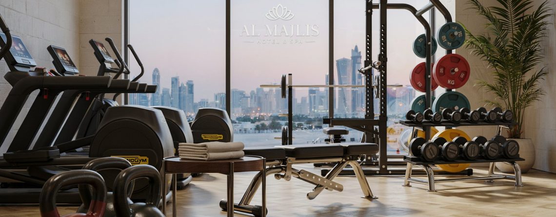 Modern hotel fitness center in Qatar featuring premium cardio machines, strength equipment, free weights, and functional training areas designed for luxury guest wellness experiences.