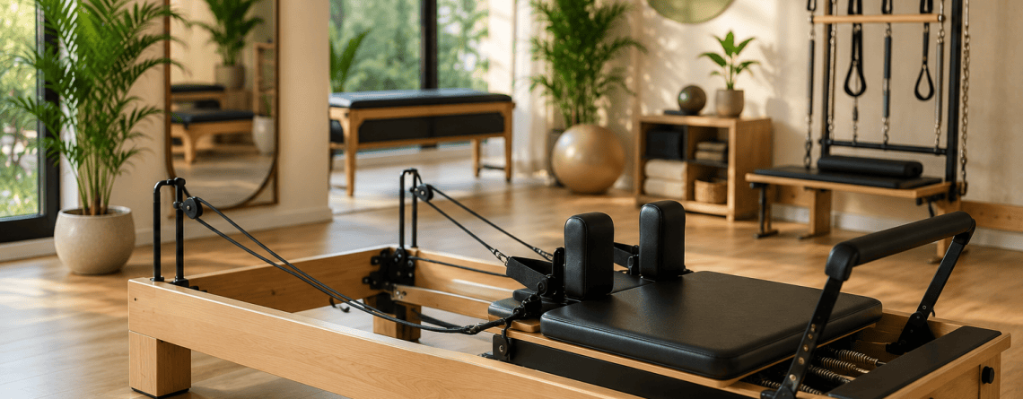 Modern Pilates reformer machine in a bright professional fitness studio with a clean and minimalist interior.