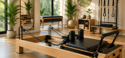 Modern Pilates reformer machine in a bright professional fitness studio with a clean and minimalist interior.