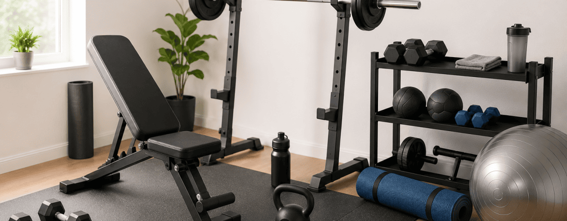 Best home gym equipment for beginners arranged in a compact home workout space with essential fitness gear for small rooms.
