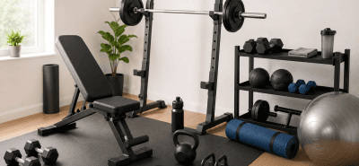 Best home gym equipment for beginners arranged in a compact home workout space with essential fitness gear for small rooms.