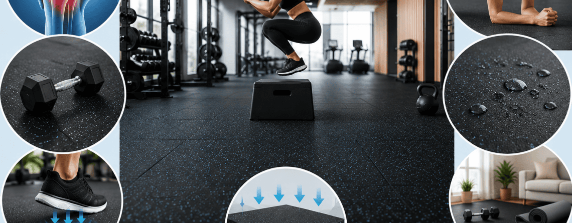 Shock-absorption gym flooring installed in a modern fitness facility with strength equipment, functional training space, and home gym flooring applications.
