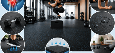 Shock-absorption gym flooring installed in a modern fitness facility with strength equipment, functional training space, and home gym flooring applications.