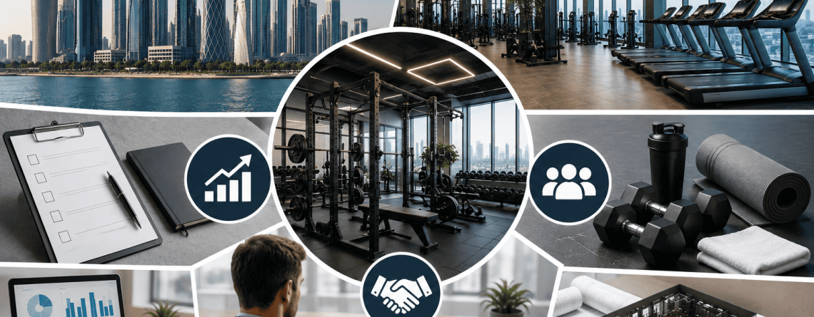 Modern gym business planning concept featuring fitness equipment, business strategy, gym layout, and commercial fitness facility development.