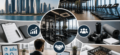Modern gym business planning concept featuring fitness equipment, business strategy, gym layout, and commercial fitness facility development.