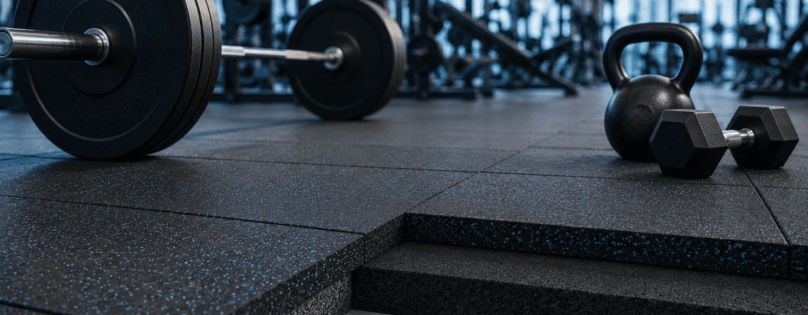 Modern gym with rubber flooring tiles, weightlifting equipment, and a layered floor cross-section showing gym flooring thickness.