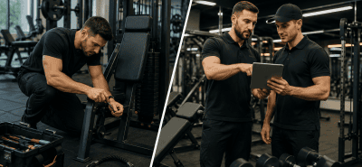 Gym equipment maintenance comparison showing technician repairing fitness machines and outsourced maintenance professionals inspecting a modern sports gym.