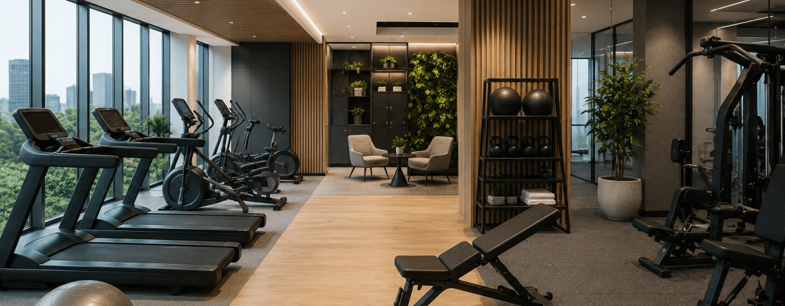 Modern office gym with cardio machines, strength equipment, open workout zones, and contemporary interior design for employee wellness.