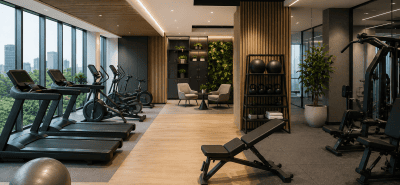 Modern office gym with cardio machines, strength equipment, open workout zones, and contemporary interior design for employee wellness.
