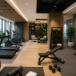 Modern office gym with cardio machines, strength equipment, open workout zones, and contemporary interior design for employee wellness.